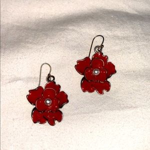 Red Flower Earrings with Pearl like Bead Center
